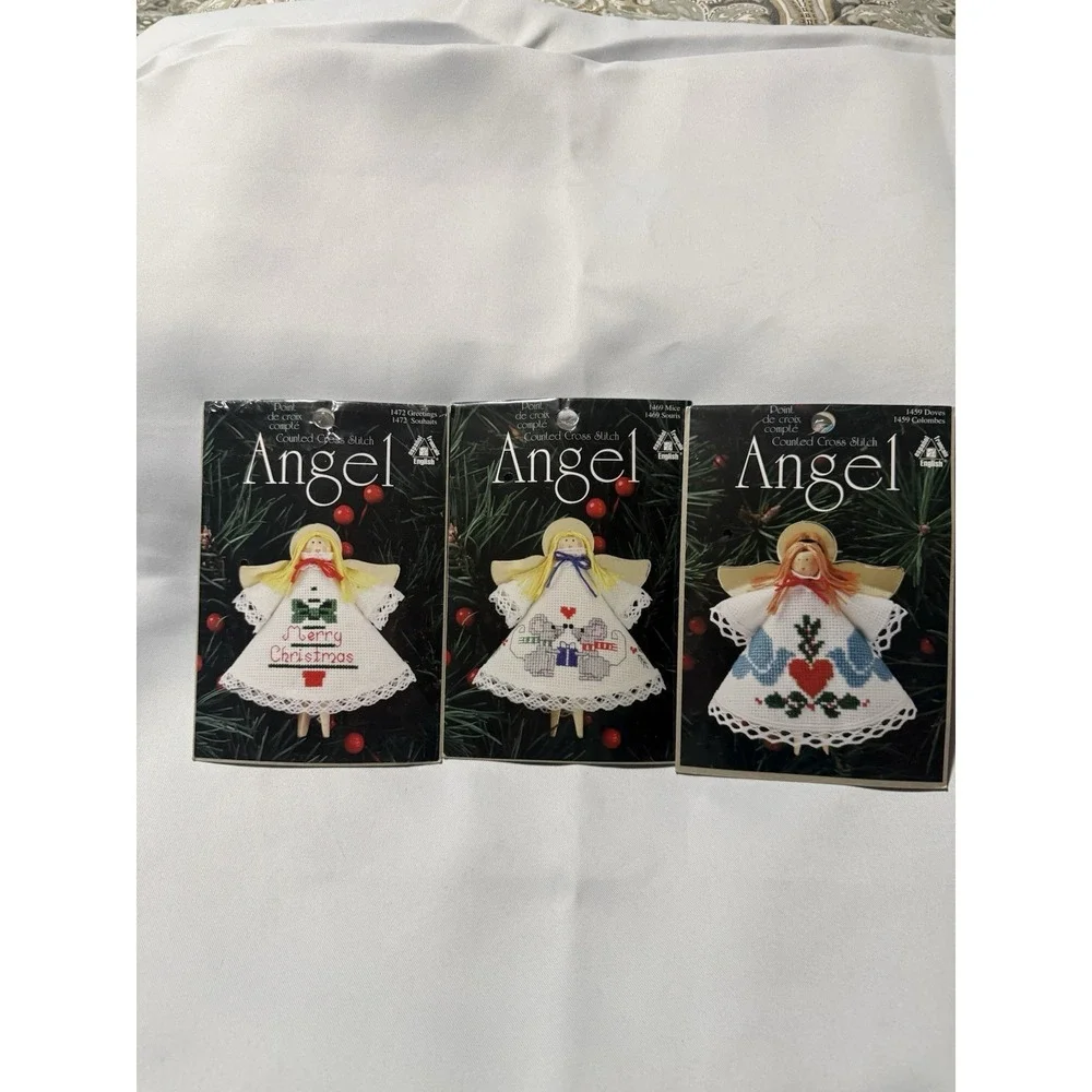 ANGEL‎ CROSS STITCH Clothespin Christmas Ornament Kits Lot 3 , Mice , Doves Etc